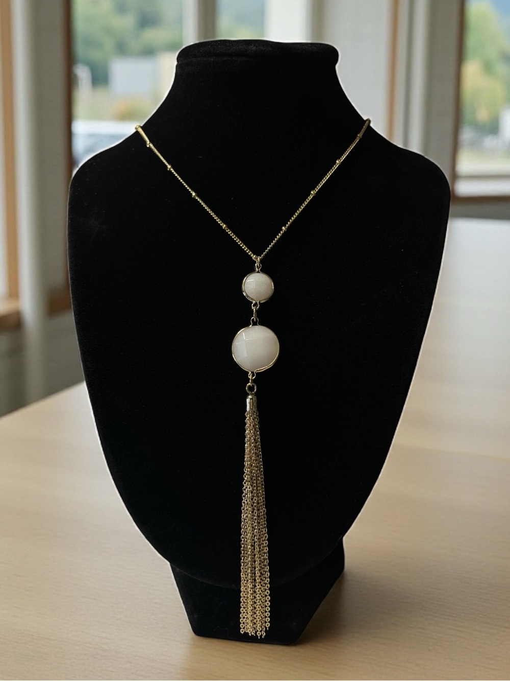 Gold Tassel Y-Necklace with White Stone Accents